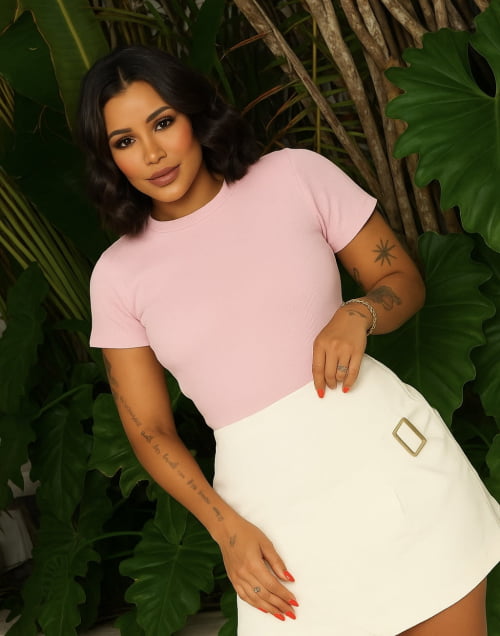 BLUSA CANELADA COM MANGA ROSA BEBÊ