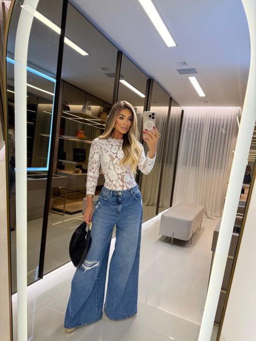 BODY RENDA MANGA LONGA - BRANCO