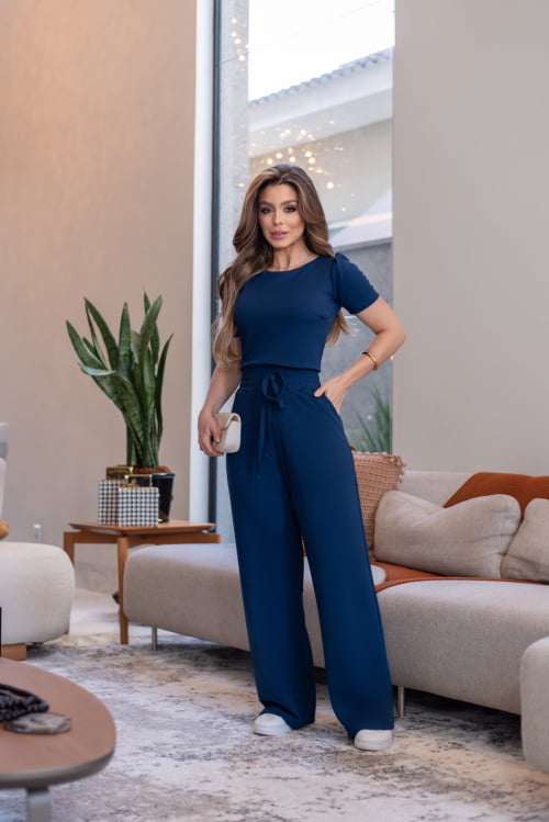 CONJUNTO ARIELE PANTALONA CREPE DE MALHA AZUL MARINHO