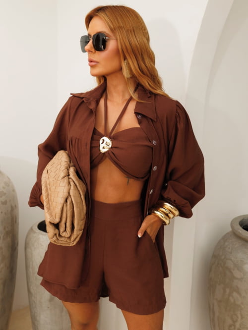 CONJUNTO TRÊS PEÇAS ALFAIATARIA MARRANT C/ LINHO MARROM