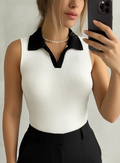BLUSA CANELADA BICOLOR OFF WHITE