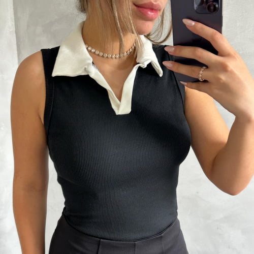 BLUSA CANELADA BICOLOR PRETA