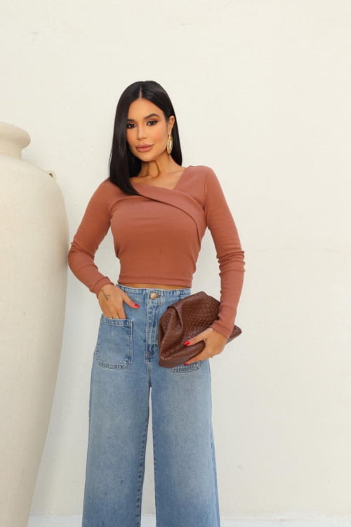 BLUSA CANELANA DECOTE CRUZADO TERRACOTA