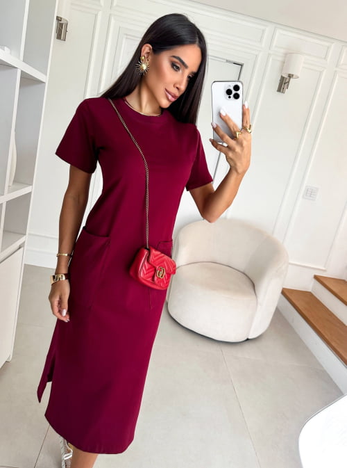 VESTIDO BÁSICO LISO DE ALGODÃO COM BOLSO MARSALA 