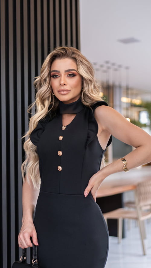 VESTIDO BABADO COM BOTÕES PRETO