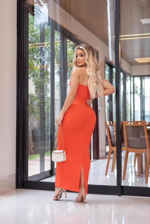 VESTIDO BLOGUEIRA MALHA MONTARIA LARANJA 