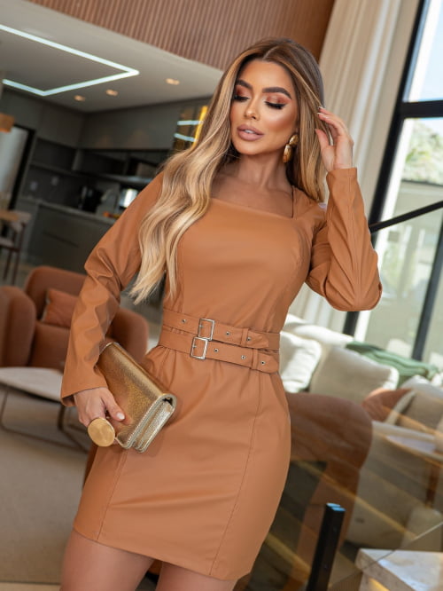 VESTIDO COURINO CURTO MANGA LONGA - CARAMELO