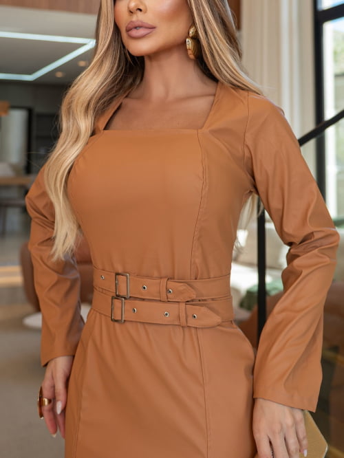 VESTIDO COURINO CURTO MANGA LONGA - CARAMELO