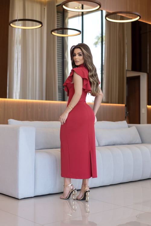 VESTIDO CREPE DE MALHA SUPER MIDI BABADOS VERMELHO