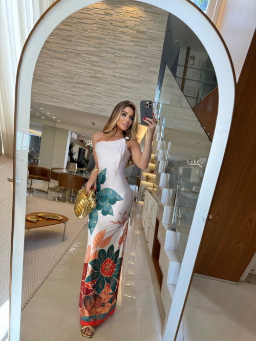 VESTIDO LONGO MALHA FLUITY COM FIVELA ESTAMPA TROPICAL