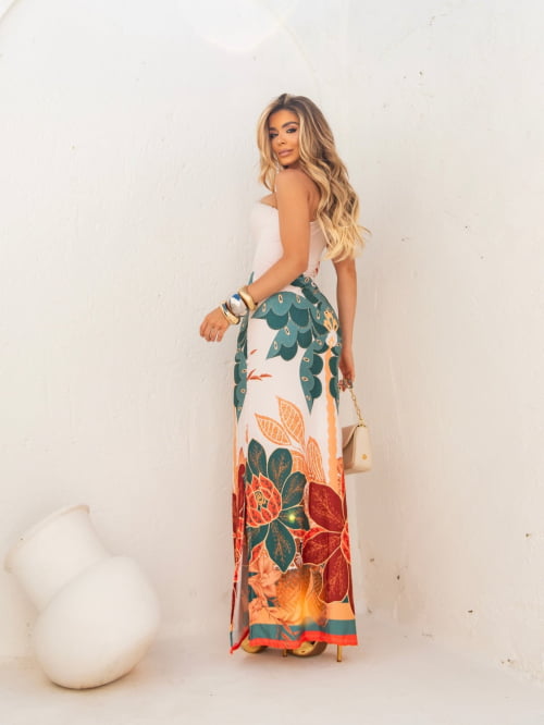 VESTIDO LONGO MALHA FLUITY COM FIVELA ESTAMPA TROPICAL