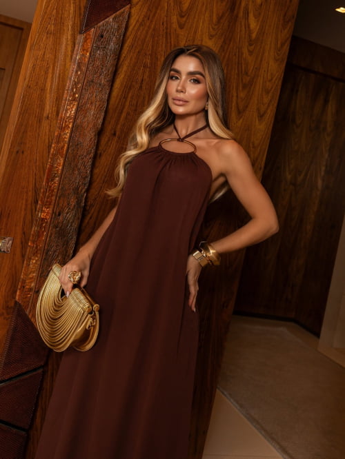 VESTIDO LONGO VISCOLINHO COM ARGOLA - MARROM VESTIDO LONGO VISCOLINHO COM ARGOLA - MARROM