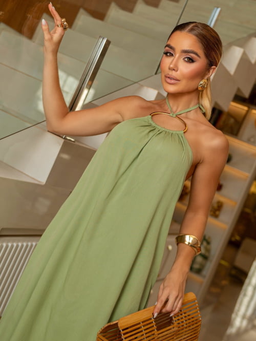 VESTIDO LONGO VISCOLINHO COM ARGOLA - VERDE VESTIDO LONGO VISCOLINHO COM ARGOLA - VERDE