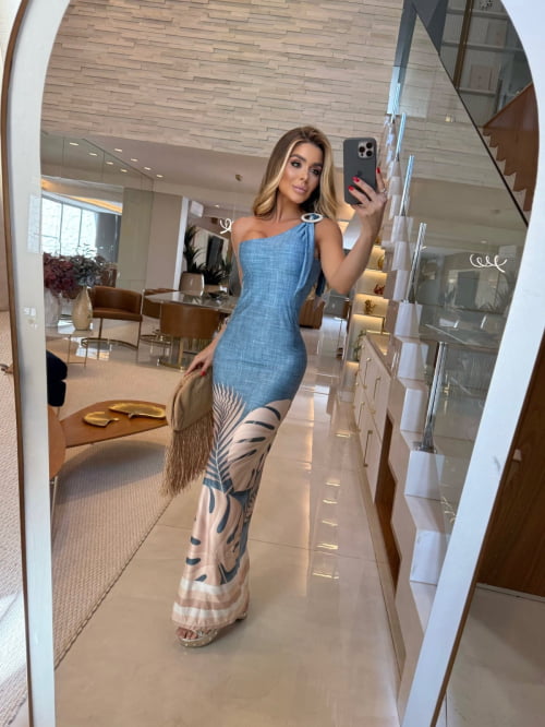 VESTIDO MALHA FLUITY COM FIVELA ESTAMPA FOLHAGEM AZUL