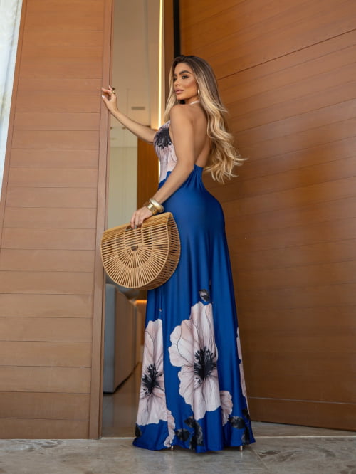 VESTIDO MALHA FLUITY LONGO FLORAL - AZUL