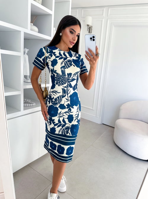 VESTIDO CREPE DE MALHA MIDI FLORES AZUL