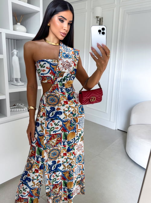 VESTIDO RIO MIDI NA MALHA FLUITY ESTAMPA AZULEJO