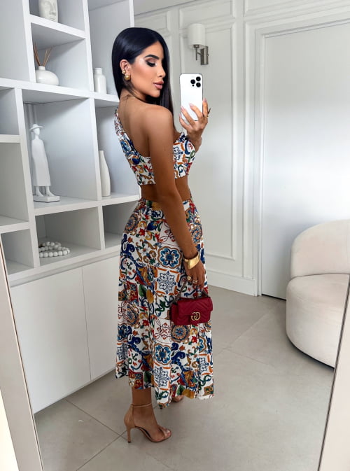 VESTIDO RIO MIDI NA MALHA FLUITY ESTAMPA AZULEJO