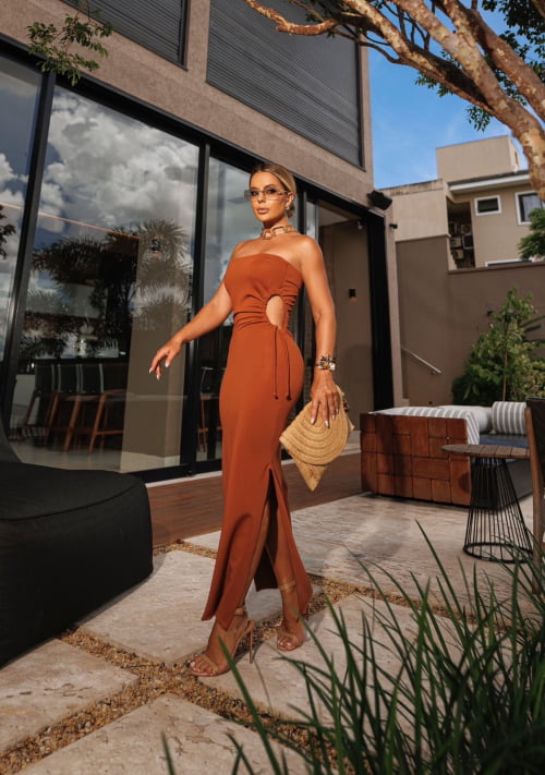 VESTIDO MONTARIA SUPER MIDI COM AMARRAÇÃO TERRACOTA