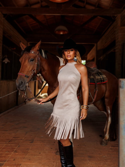 VESTIDO SUEDE AVELUDADO COM FRANJAS - BEGE