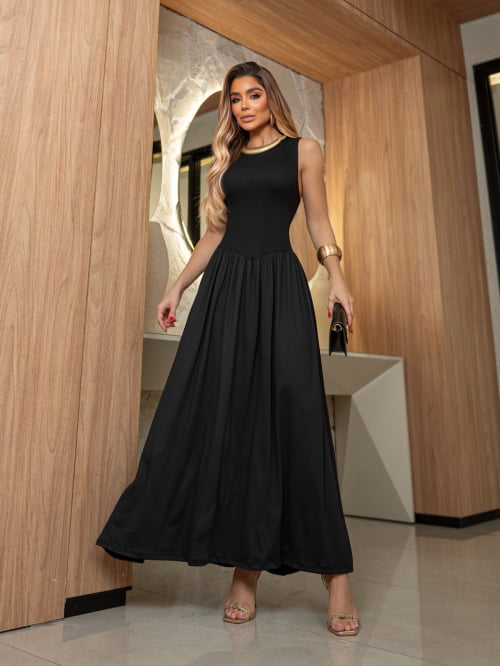 VESTIDO SUPER MIDI GODÊ MALHA CANELADA E SUEDE PREMIUM - PRETO VESTIDO SUPER MIDI GODÊ MALHA CANELADA E SUEDE PREMIUM - PRETO