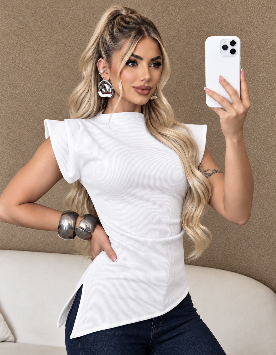 BLUSA MALHA RIBANA ASSIMÉTRICA - BRANCA